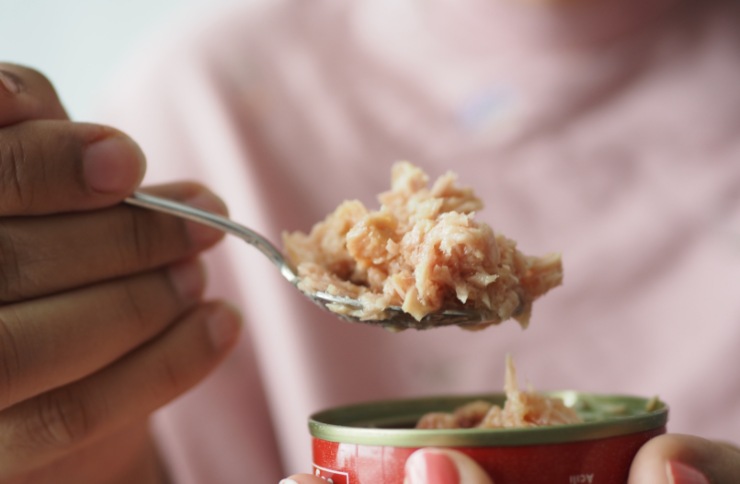persona che mangia del tonno dalla scatoletta